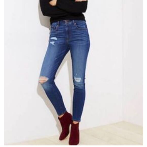 Loft Jeans Blue Women 25/0 Distressed Denim Modern Skinny HighRise Crop Raw Hem - Picture 2 of 13